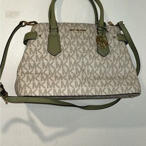 Michael Kors Beige Logo Satchel with Olive Green Trim